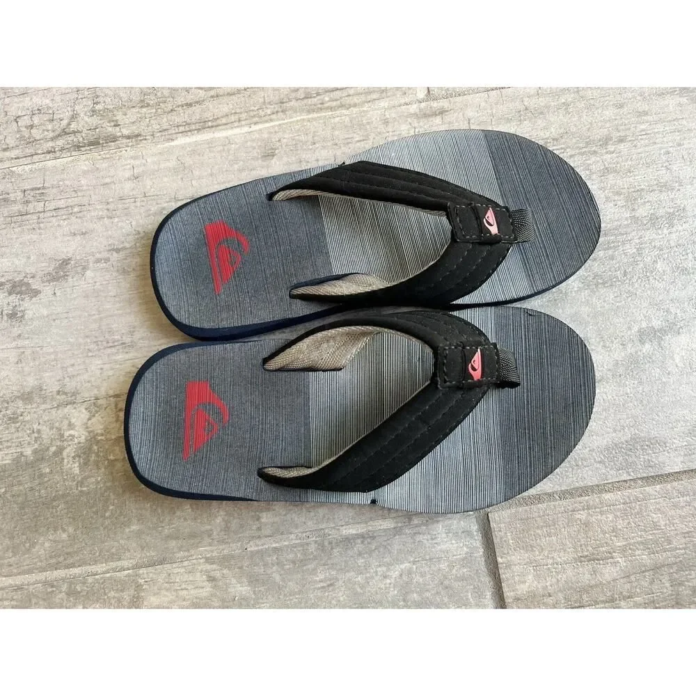 Quiksilver Flip Flops Black Big Kids Boys Youth Sandals Beach Suede Sz 1 Casual